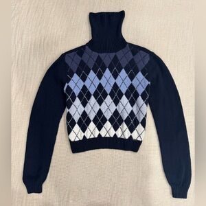 Hollister Women's Turtleneck Sweater - Black and Blue Argyle
